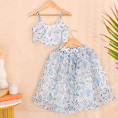 Sky Blue Floral Girls Kota Doria Lehenga Set
