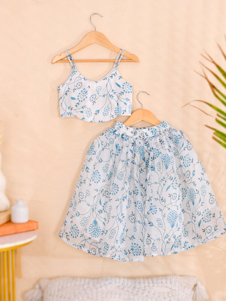 Sky Blue Floral Girls Kota Doria Lehenga Set