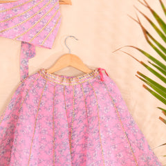 Pink Floral Girls Kota Doria Gota Patti Lehenga Set
