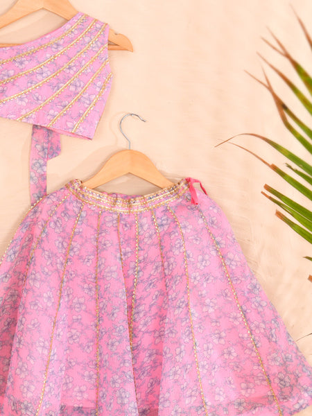 Pink Floral Girls Kota Doria Gota Patti Lehenga Set