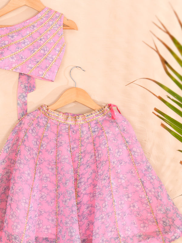 Pink Floral Girls Kota Doria Gota Patti Lehenga Set