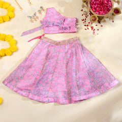 Pink Floral Girls Kota Doria Gota Patti Lehenga Set