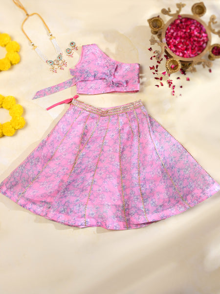 Pink Floral Girls Kota Doria Gota Patti Lehenga Set