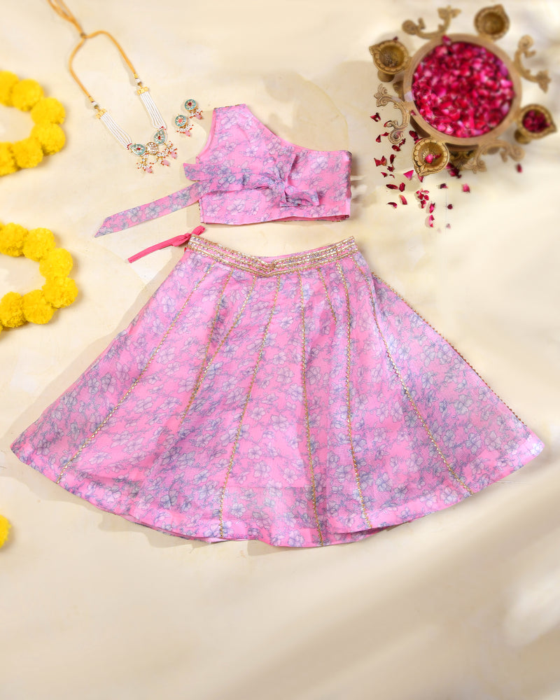 Pink Floral Girls Kota Doria Gota Patti Lehenga Set
