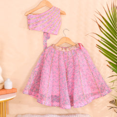 Pink Floral Girls Kota Doria Gota Patti Lehenga Set