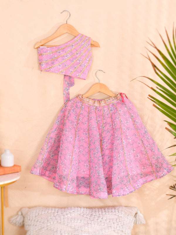 Pink Floral Girls Kota Doria Gota Patti Lehenga Set