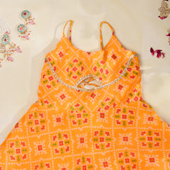 Orange Girls Bandhani Kota Doria Flared Dress