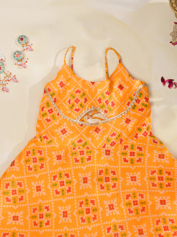 Orange Girls Bandhani Kota Doria Flared Dress