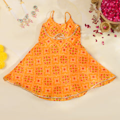 Orange Girls Bandhani Kota Doria Flared Dress