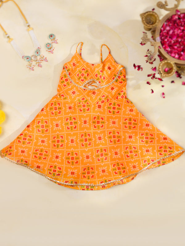 Orange Girls Bandhani Kota Doria Flared Dress