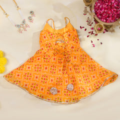 Orange Girls Bandhani Kota Doria Flared Dress