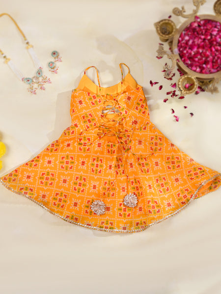 Orange Girls Bandhani Kota Doria Flared Dress