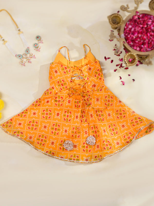 Orange Girls Bandhani Kota Doria Flared Dress