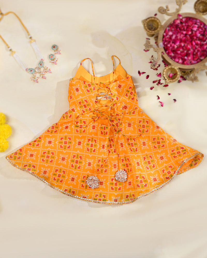 Orange Girls Bandhani Kota Doria Flared Dress