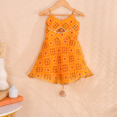 Orange Girls Bandhani Kota Doria Flared Dress