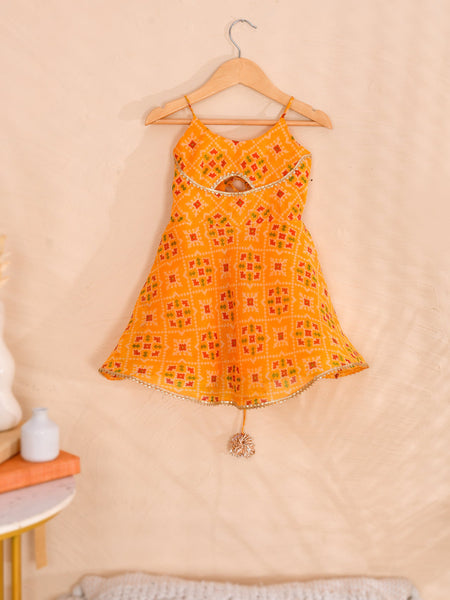 Orange Girls Bandhani Kota Doria Flared Dress
