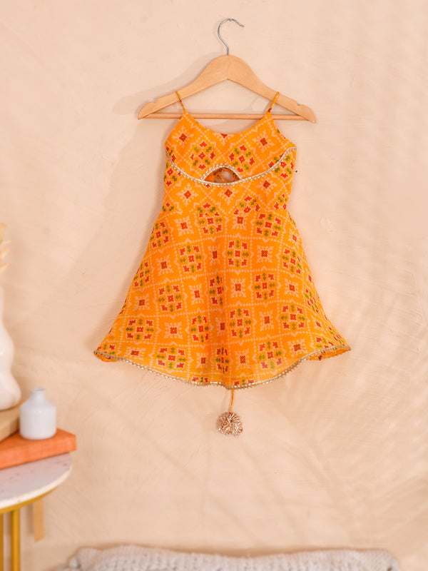 Orange Girls Bandhani Kota Doria Flared Dress