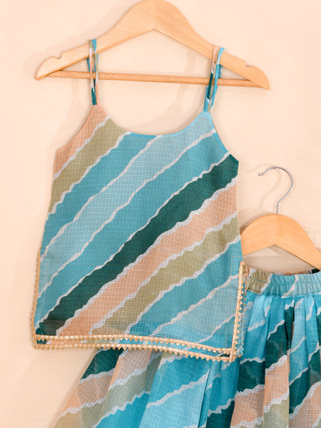 Sky Blue Girls Leheriya Kota Doria Lehenga Set