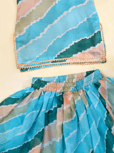 Sky Blue Girls Leheriya Kota Doria Lehenga Set
