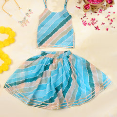 Sky Blue Girls Leheriya Kota Doria Lehenga Set