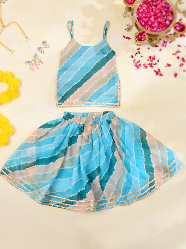 Sky Blue Girls Leheriya Kota Doria Lehenga Set