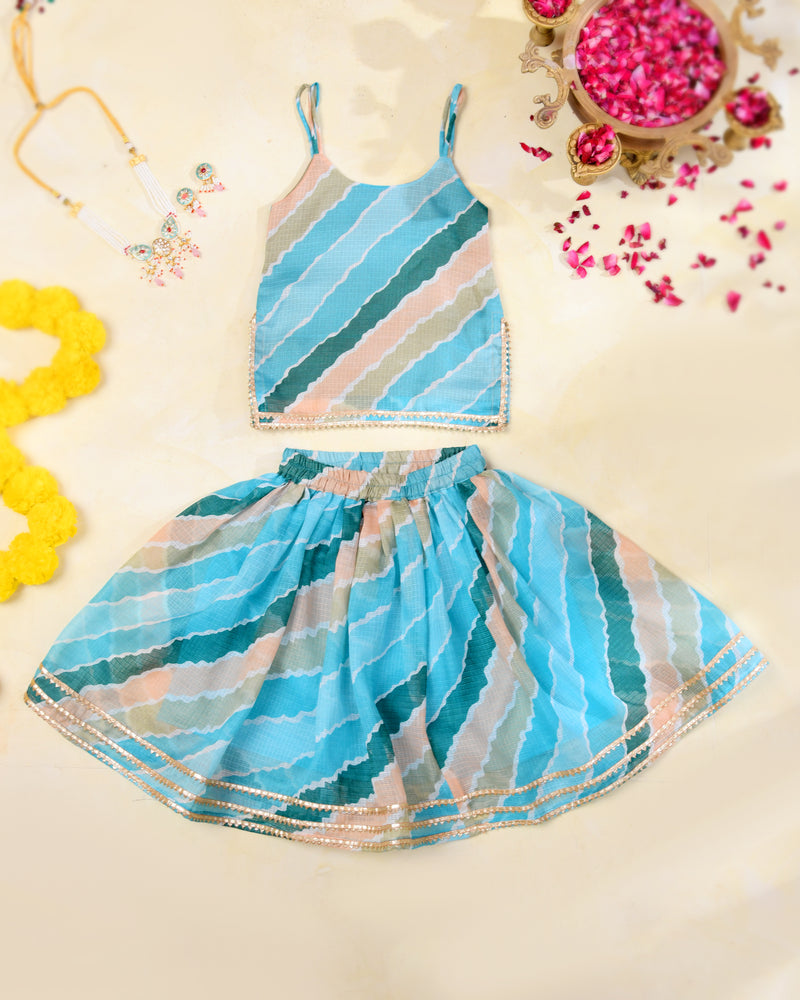Sky Blue Girls Leheriya Kota Doria Lehenga Set
