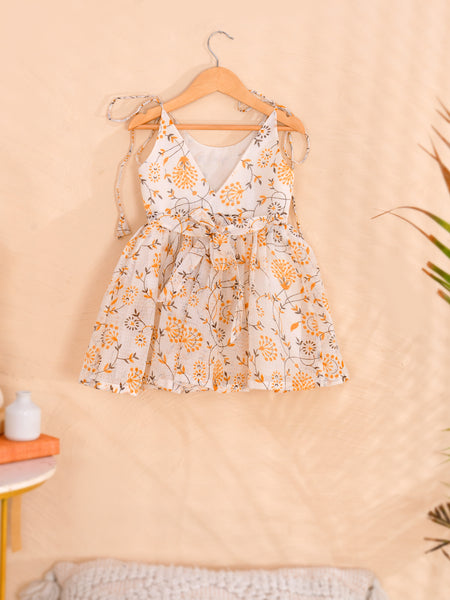 Ivory Floral Girls Kota Doria Flared Dress
