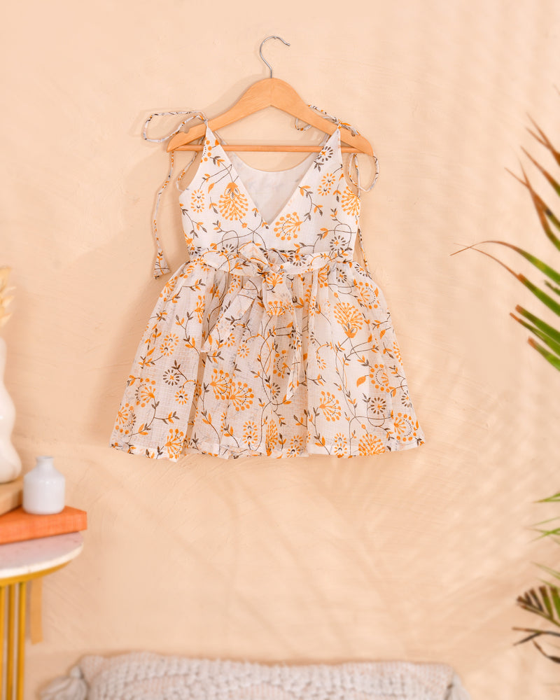 Ivory Floral Girls Kota Doria Flared Dress