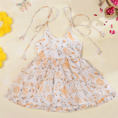 Ivory Floral Girls Kota Doria Flared Dress