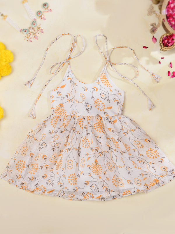Ivory Floral Girls Kota Doria Flared Dress