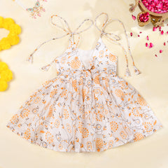 Ivory Floral Girls Kota Doria Flared Dress