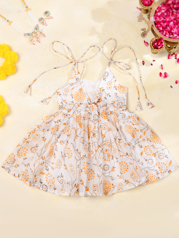 Ivory Floral Girls Kota Doria Flared Dress