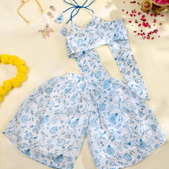 Sky Blue Floral Girls Kota Doria Peplum Palazzo Set