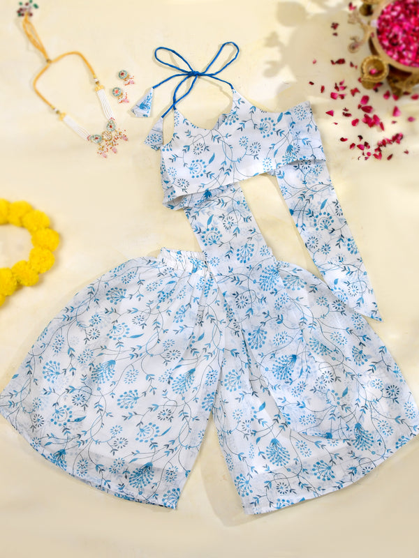 Sky Blue Floral Girls Kota Doria Peplum Palazzo Set