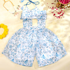 Sky Blue Floral Girls Kota Doria Peplum Palazzo Set