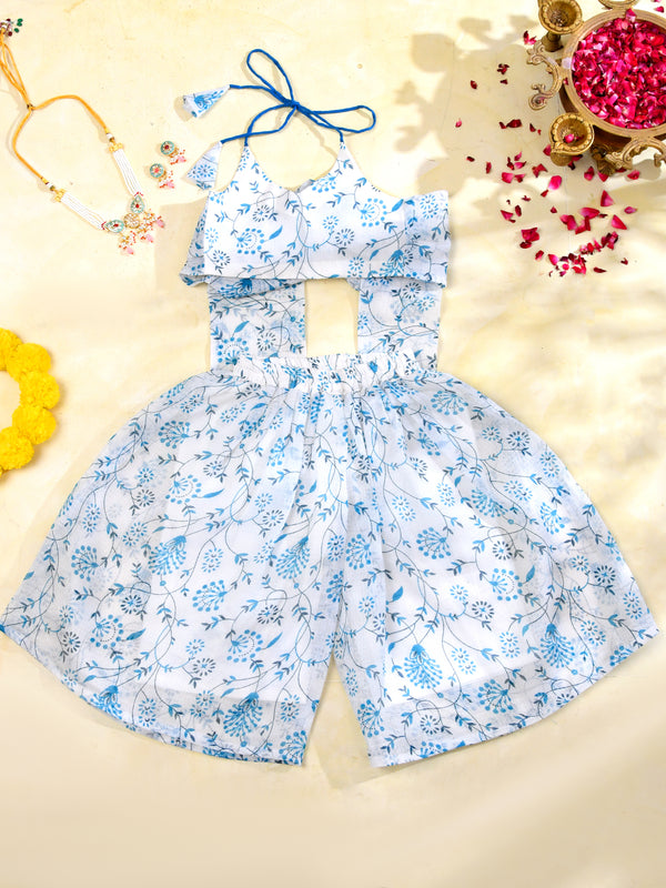Sky Blue Floral Girls Kota Doria Peplum Palazzo Set
