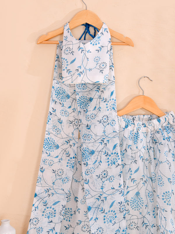 Sky Blue Floral Girls Kota Doria Peplum Palazzo Set