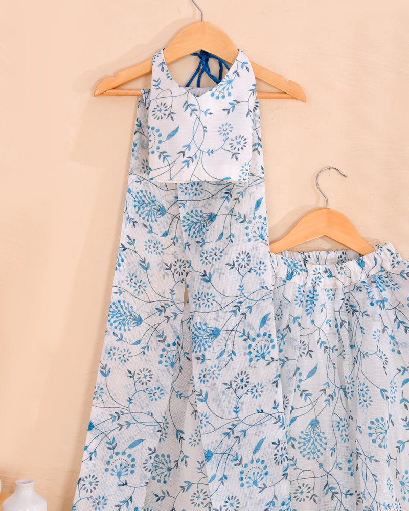 Sky Blue Floral Girls Kota Doria Peplum Palazzo Set
