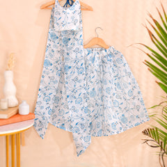 Sky Blue Floral Girls Kota Doria Peplum Palazzo Set