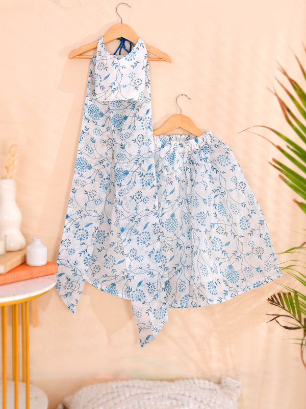 Sky Blue Floral Girls Kota Doria Peplum Palazzo Set