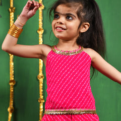 Girls Magenta Leheriya Top & Flared Palazzo Set