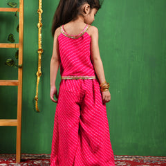 Girls Magenta Leheriya Top & Flared Palazzo Set