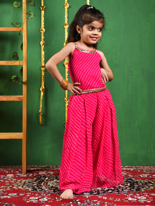 Girls Magenta Leheriya Top & Flared Palazzo Set