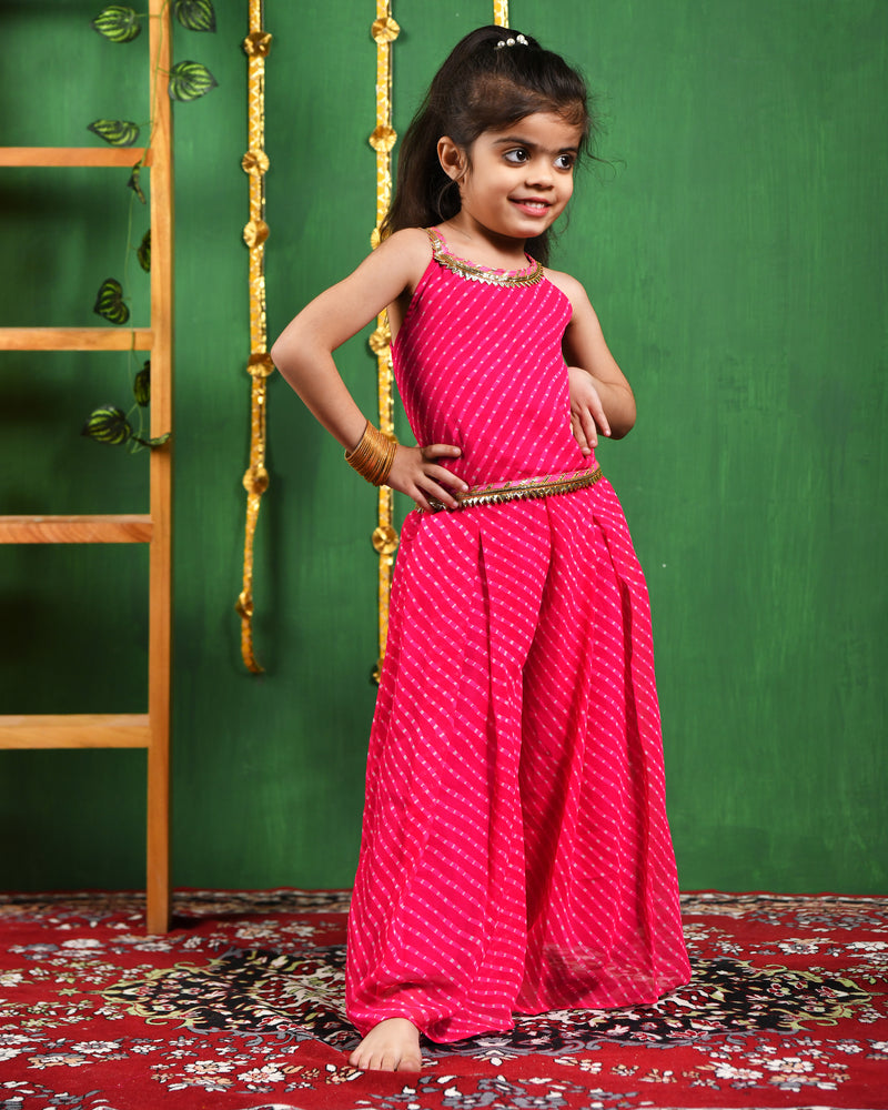 Girls Magenta Leheriya Top & Flared Palazzo Set