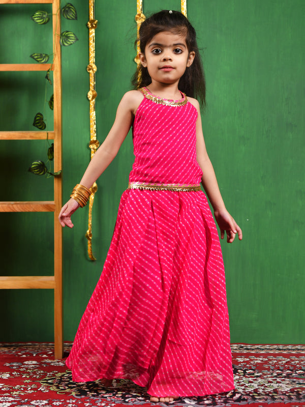 Girls Magenta Leheriya Top & Flared Palazzo Set