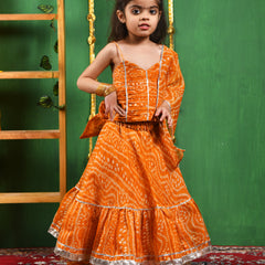 Mustard Bandhani Cotton Lehenga Set for Girls