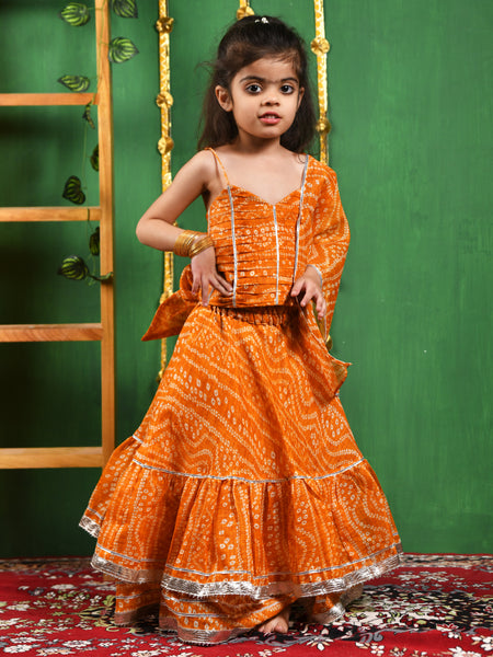 Mustard Bandhani Cotton Lehenga Set for Girls
