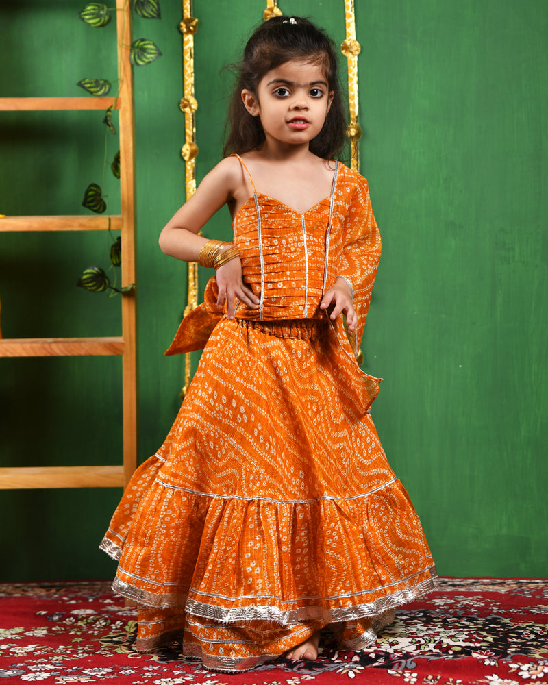 Mustard Bandhani Cotton Lehenga Set for Girls