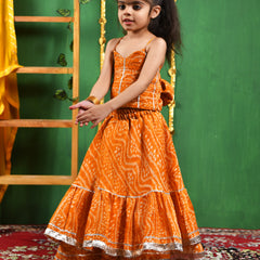 Mustard Bandhani Cotton Lehenga Set for Girls