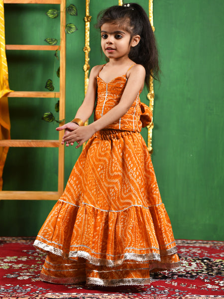 Mustard Bandhani Cotton Lehenga Set for Girls